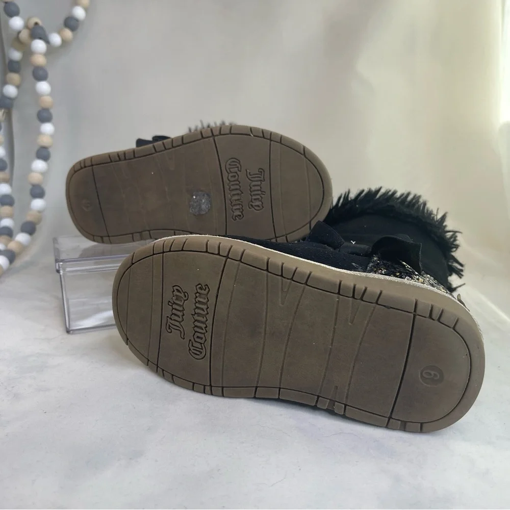 Juicy Couture Toddler Black and Gold Mid-Calf Boots with Faux Fur Trim Size 9